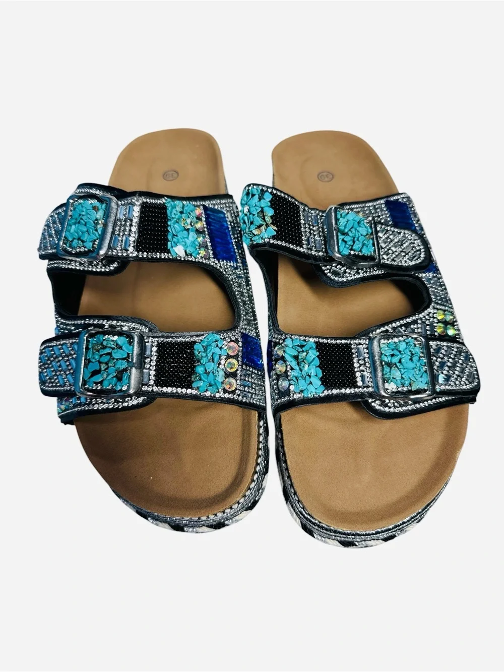 Women's Bohemian Beaded Rhinestone Double Buckle Platform Slide Sandals